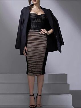 Sheer Black Bustier Midi Dress with Nude Lining